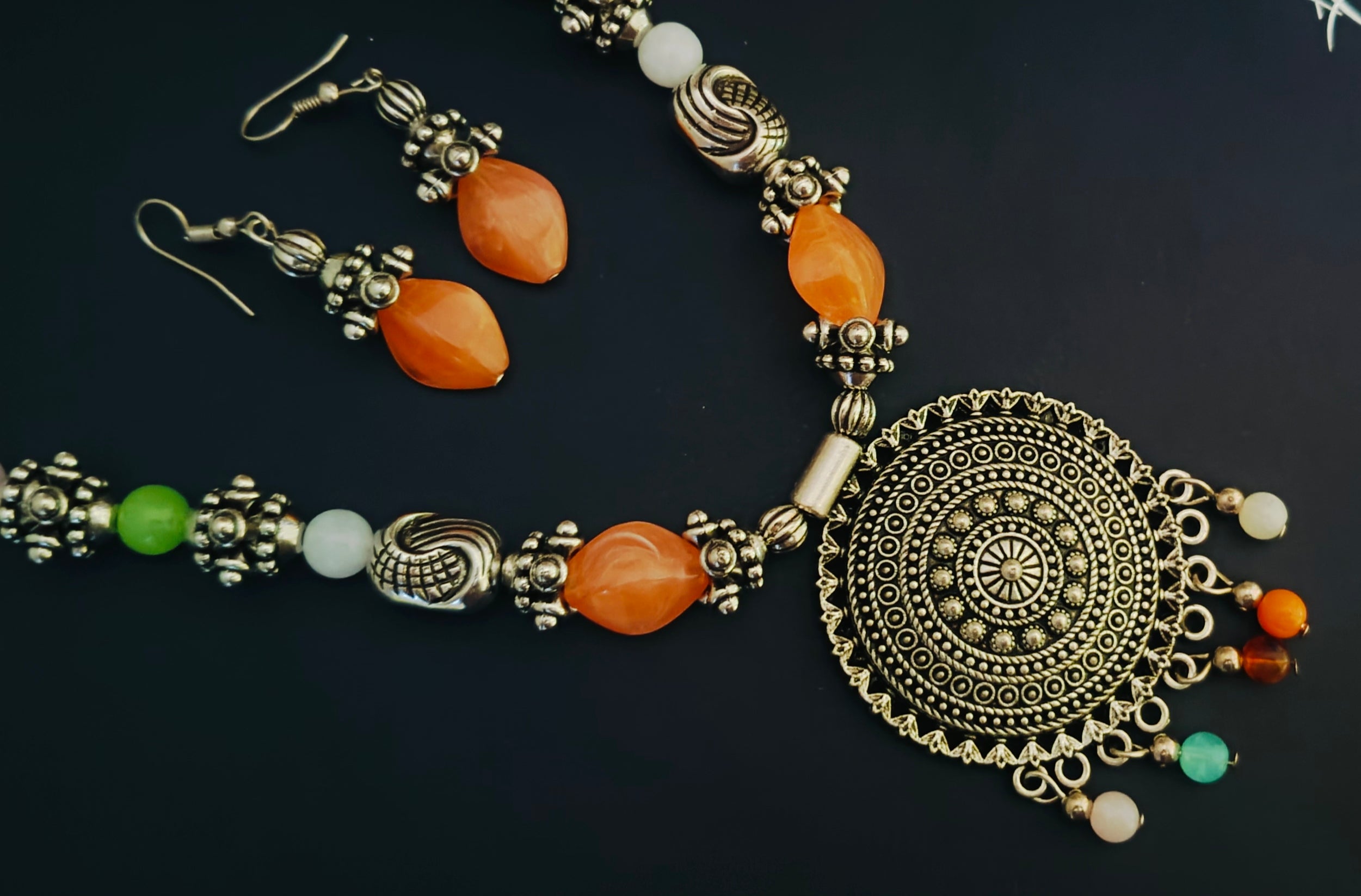 Pearl Tibetan long oxidised necklace with earring