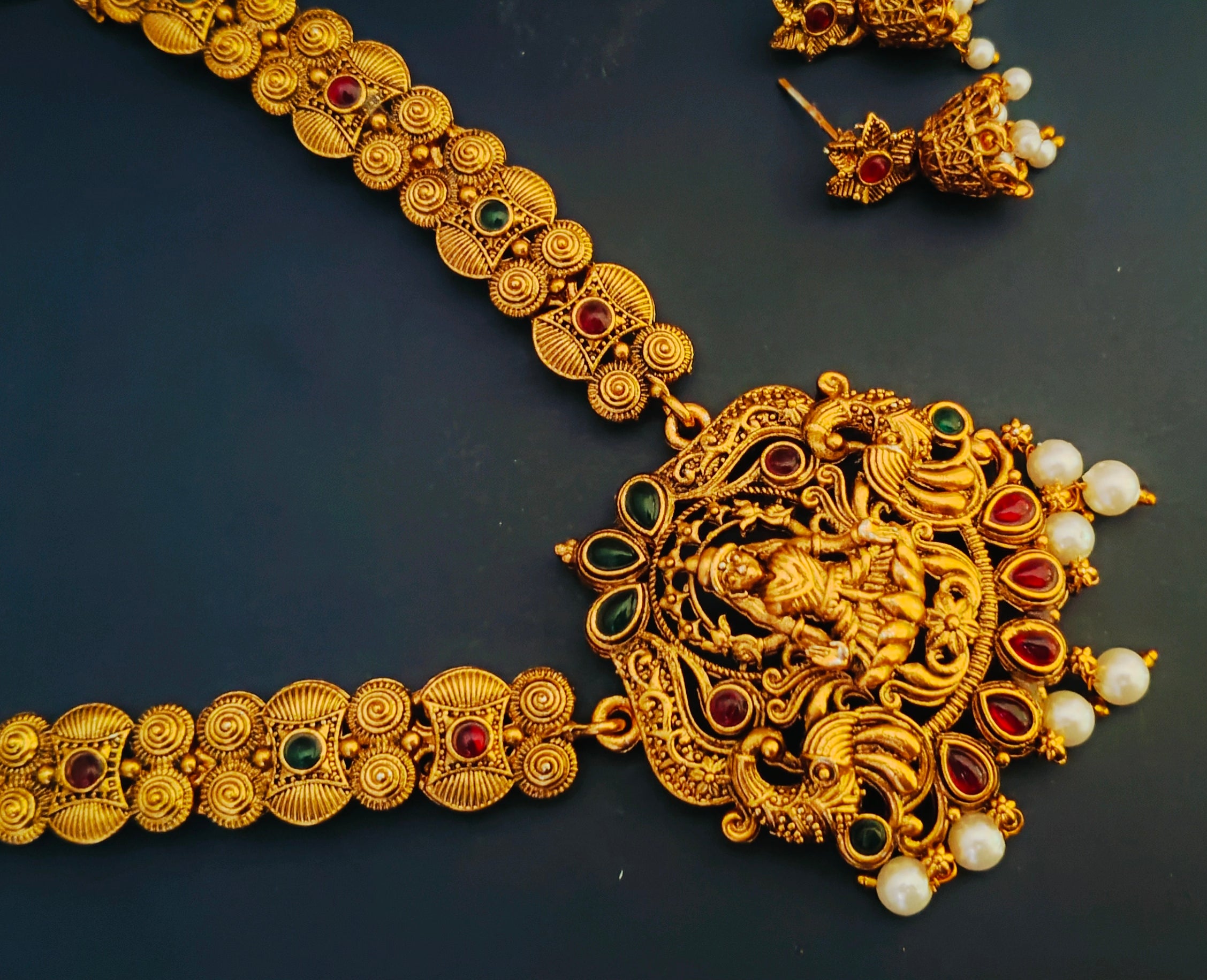 Maa durga golden oxidised long necklace with jhumka